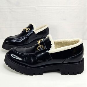 Steve Madden Lando Platform Loafer Fur Black Leather Cozy And Confortable Sz 10